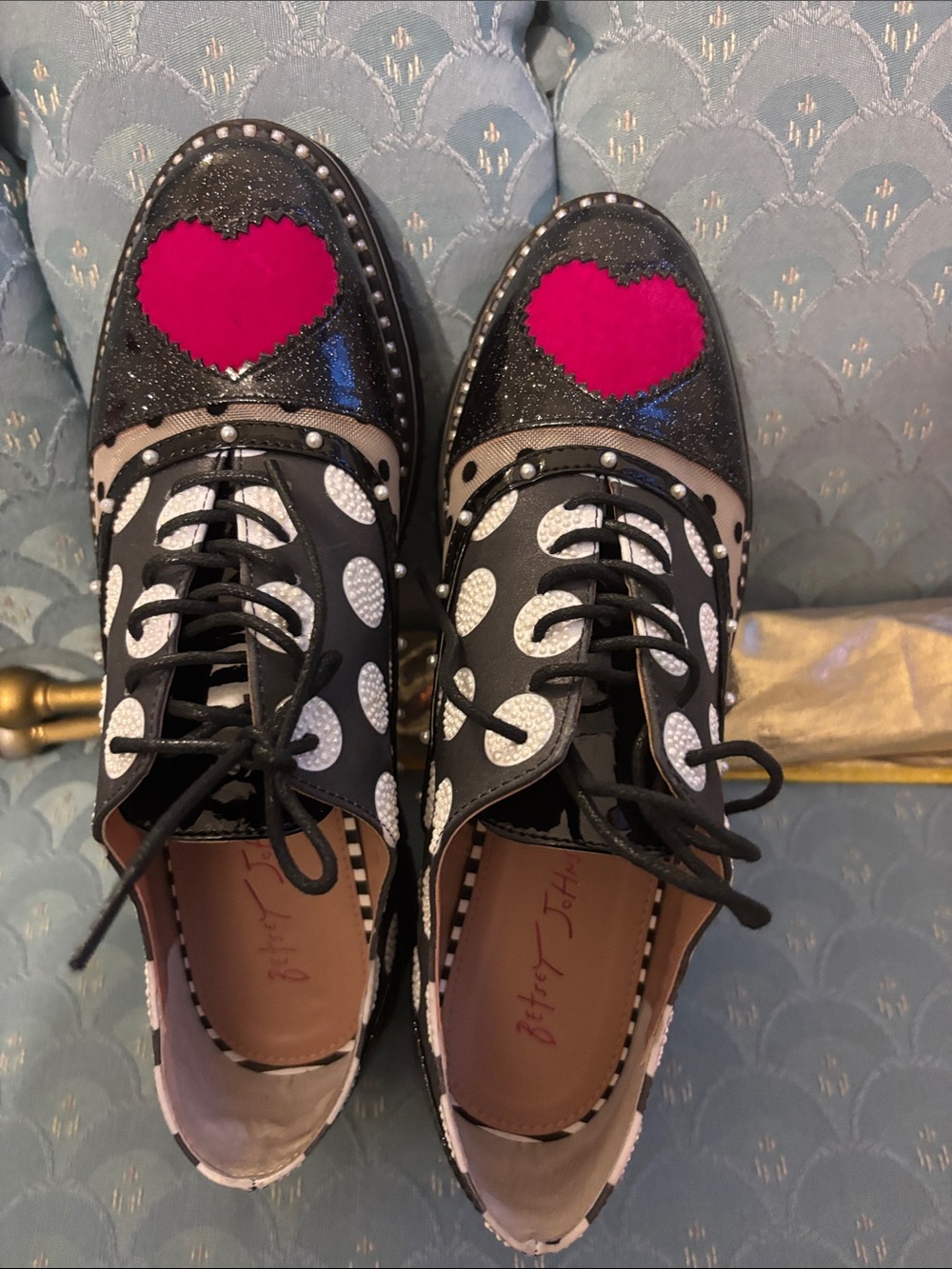 Betsey Johnson Black & Hot Pink Polka Dot Heart Lace-Up Flats